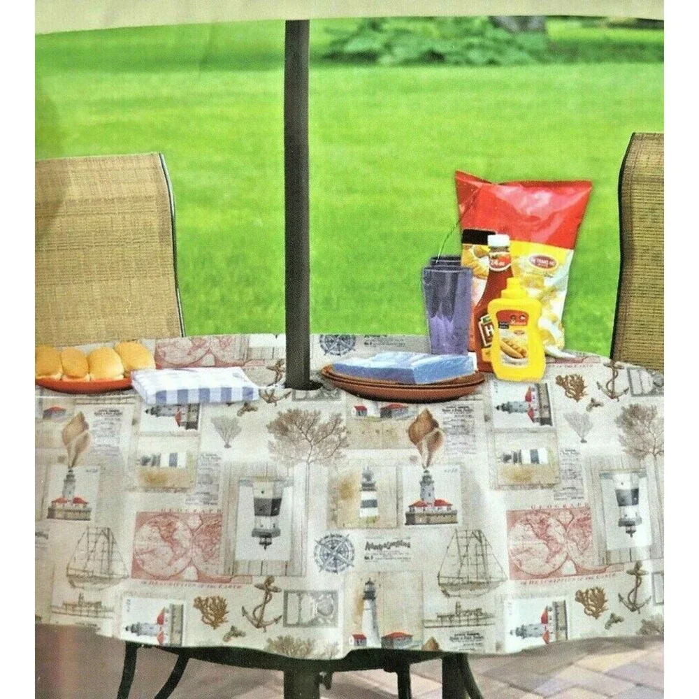 Nautical Tablecloth Zipper Umbrella Hole Flannel Backed Vinyl 52x70 Anchor Shell